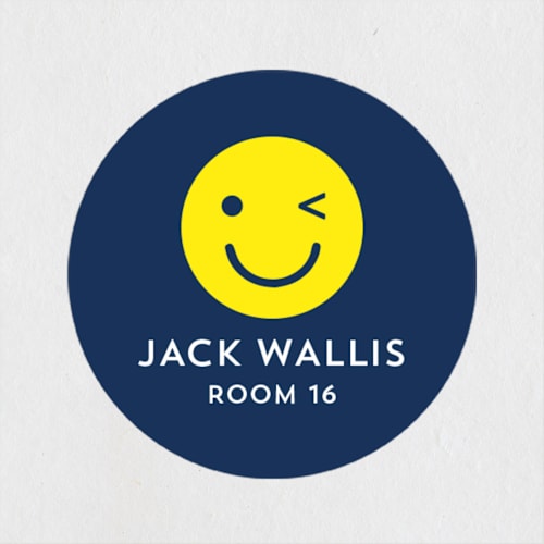 This is a navy name labels with standard by Baumbirdy called emoji party printing on waterproof sticker paper in sticker