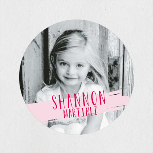 This is a hot pink name labels with standard by Carolyn MacLaren called budding artist printing on waterproof sticker paper in sticker
