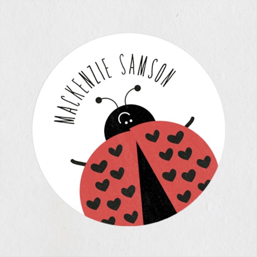 This is a ladybug name labels with standard by Chelsey Scott called cute as a bug printing on waterproof sticker paper in sticker