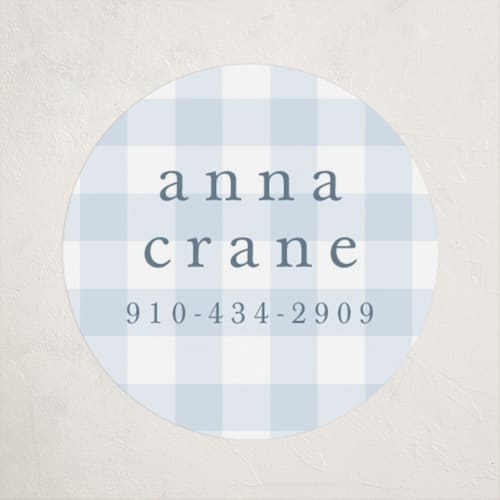 This is a bluebell name labels with standard by Stacey Meacham called gingham printing on waterproof sticker paper in sticker