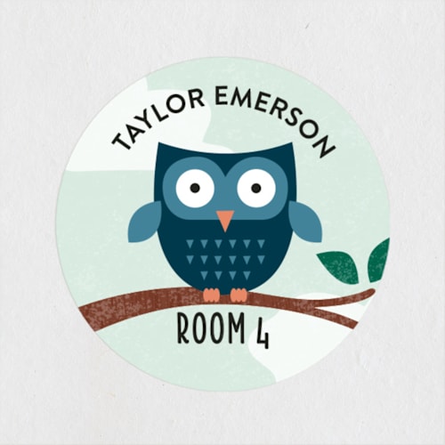 This is a navy name labels with standard by Erica Krystek called little owl printing on waterproof sticker paper in sticker