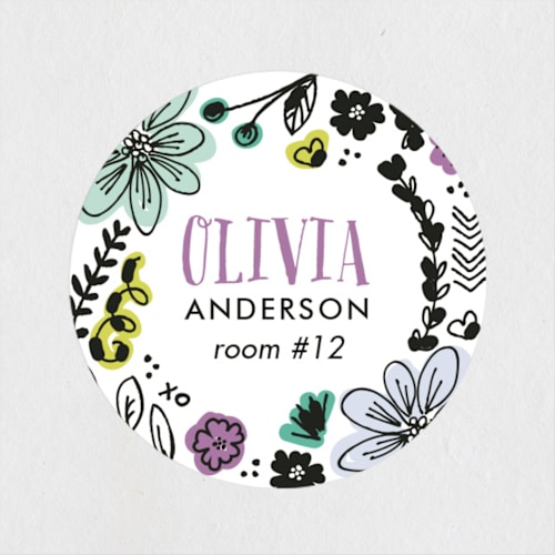 This is a plum name labels with standard by Jessica Williams called little doodles printing on waterproof sticker paper in sticker