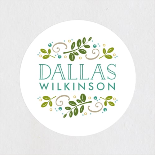 This is a teal name labels with standard by Jessica Williams called botanical crest printing on waterproof sticker paper in sticker