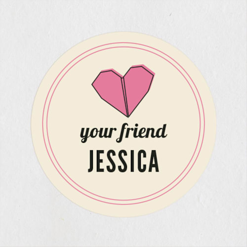This is a fuschia custom stickers with standard by Paper Rose called heartfold greetings printing on uncoated sticker paper in sticker