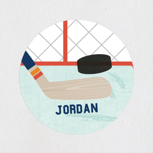 This is a navy custom stickers with standard by Annie Holmquist called goalie printing on uncoated sticker paper in sticker