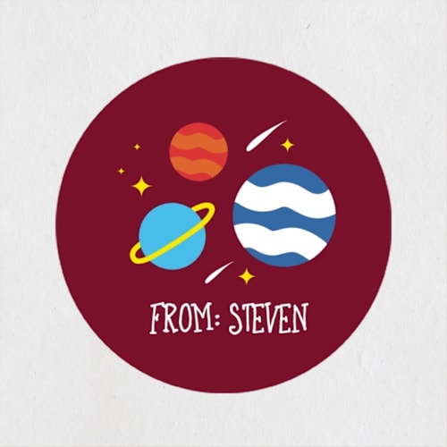 This is a burgandy custom stickers with standard by Darryl Don Doctor called outta this world printing on uncoated sticker paper in sticker