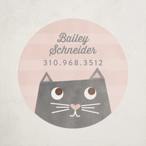 This is a blush name labels with standard by Shirley Lin Schneider called the cat's meow printing on waterproof sticker paper in sticker
