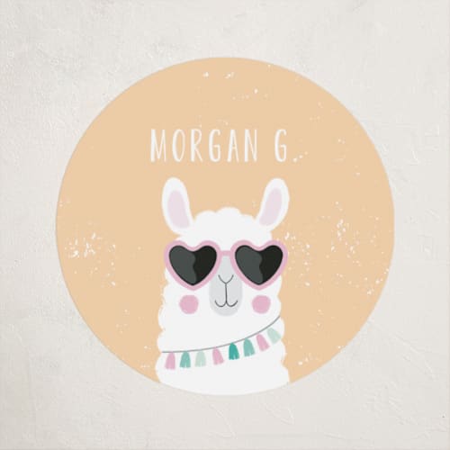 This is a peach name labels with standard by Angela Thompson called fun llama printing on waterproof sticker paper in sticker