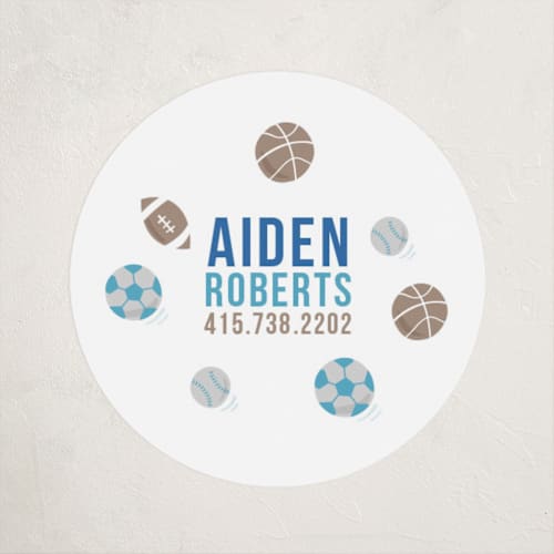 This is a indigo name labels with standard by Jessie Steury called ballgame printing on waterproof sticker paper in sticker