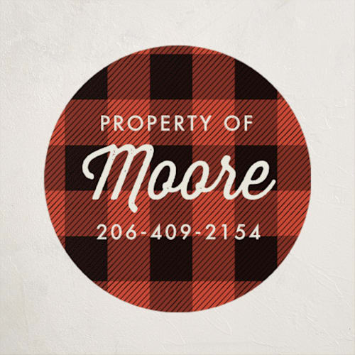 This is a crimson name labels with standard by Karidy Walker called buffalo plaid printing on waterproof sticker paper in sticker