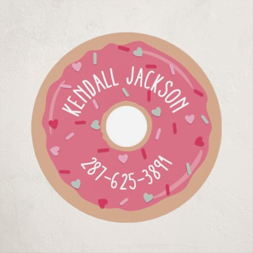 This is a pink icing name labels with standard by Hooray Creative called sweet donut printing on waterproof sticker paper in sticker
