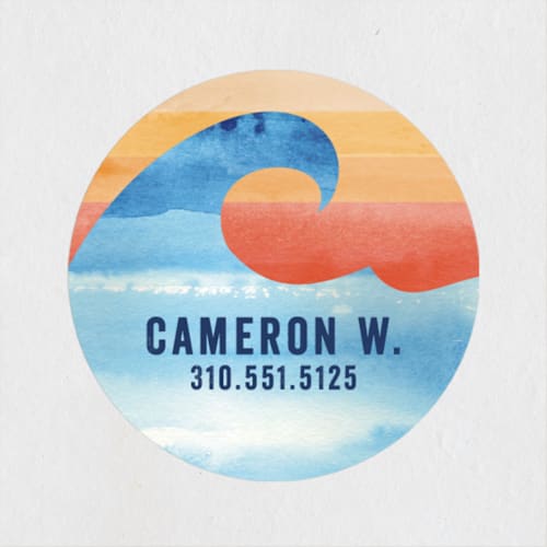This is a turquoise name labels with standard by Shirley Lin Schneider called surfs up printing on waterproof sticker paper in sticker