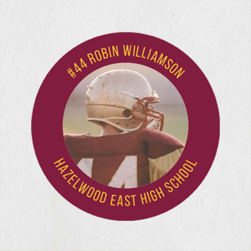 This is a maroon name labels with standard by Kim Dietrich Elam called varsity printing on waterproof sticker paper in sticker