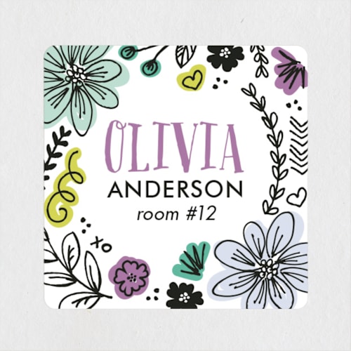This is a plum name labels with standard by Jessica Williams called little doodles printing on waterproof sticker paper in sticker