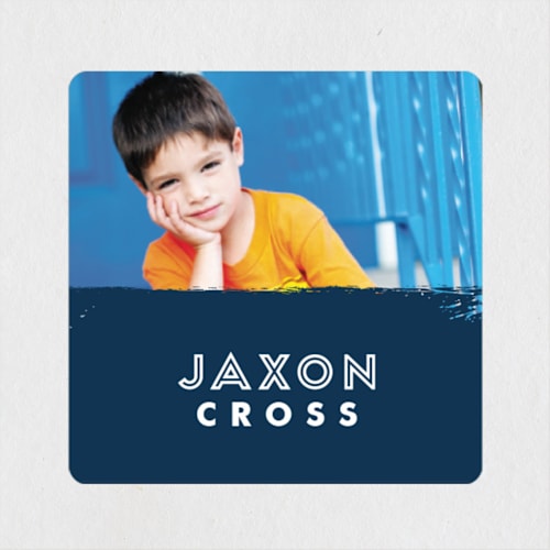 This is a denim name labels with standard by Stacey Meacham called bold brushstroke printing on waterproof sticker paper in sticker