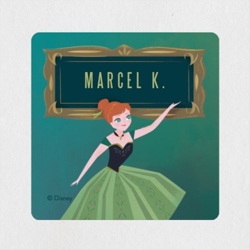 This is a seagreen name labels with standard by Lori Wemple called anna's frame from disney's frozen printing on waterproof sticker paper in sticker