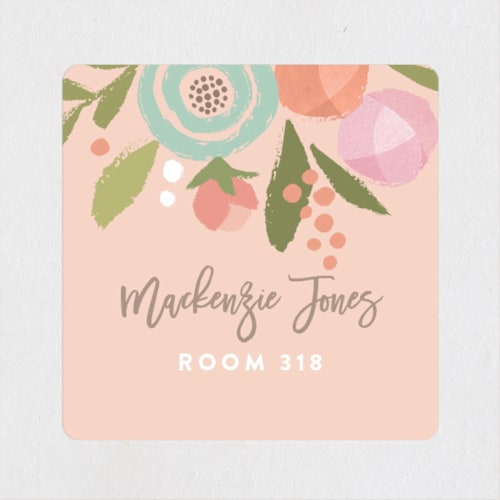 This is a peach name labels with standard by Jennifer Wick called blooming peonies printing on waterproof sticker paper in sticker