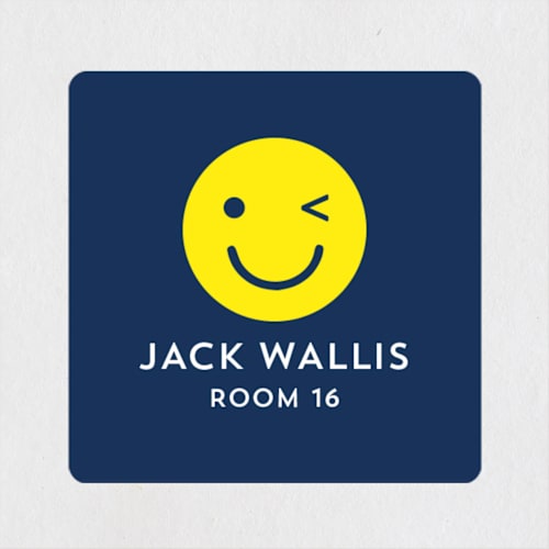 This is a navy name labels with standard by Baumbirdy called emoji party printing on waterproof sticker paper in sticker