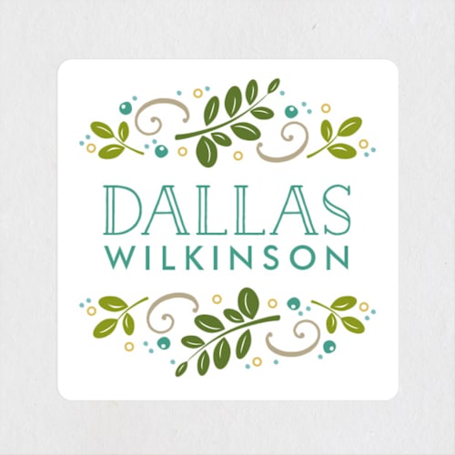 This is a teal name labels with standard by Jessica Williams called botanical crest printing on waterproof sticker paper in sticker