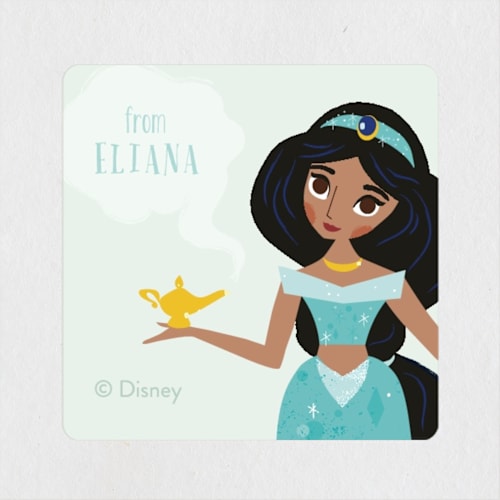 This is a aqua custom stickers with standard by Angela Thompson called jasmine wishes from disney's aladdin printing on uncoated sticker paper in sticker