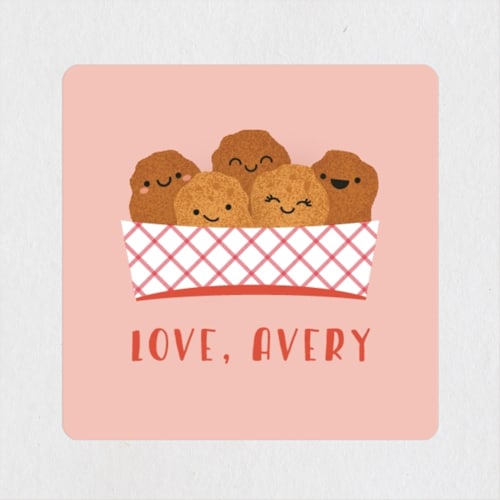 This is a blush custom stickers with standard by Annie Holmquist called nugs & kisses printing on uncoated sticker paper in sticker