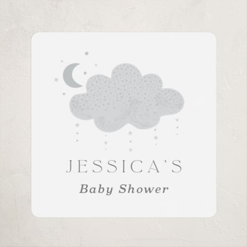 This is a slate baby shower favor labels with standard by Marina Onoprienko called moon baby printing on uncoated sticker paper in sticker