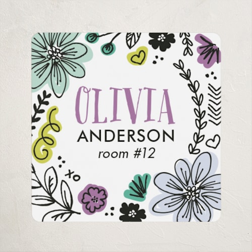 This is a plum name labels with standard by Jessica Williams called little doodles printing on waterproof sticker paper in sticker
