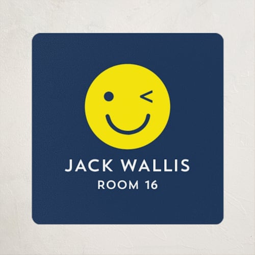 This is a navy name labels with standard by Baumbirdy called emoji party printing on waterproof sticker paper in sticker