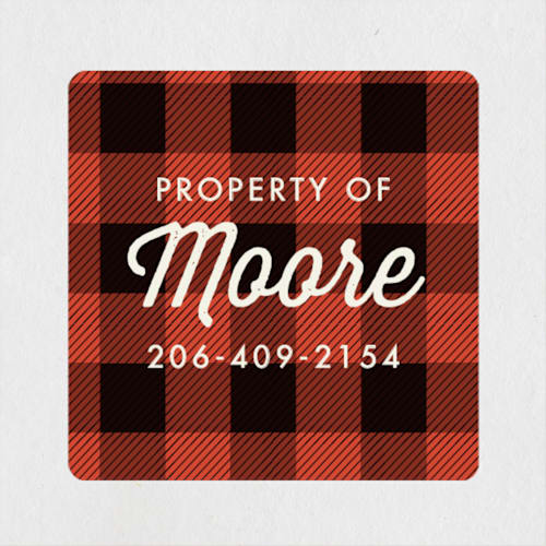 This is a crimson name labels with standard by Karidy Walker called buffalo plaid printing on waterproof sticker paper in sticker