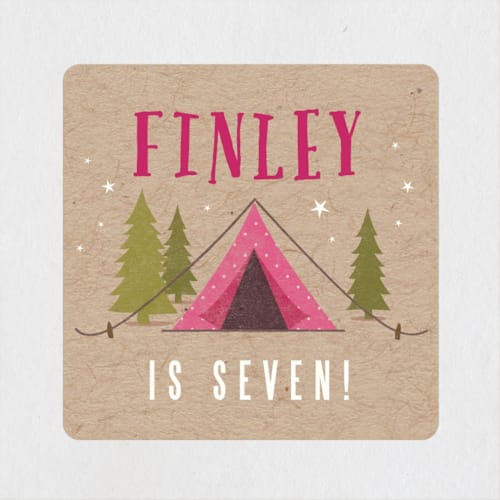 This is a fushcia kids stickers with standard by Karidy Walker called let's go glamping printing on uncoated sticker paper in sticker