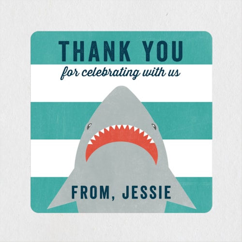 This is a aqua custom stickers with standard by Annie Holmquist called shark bait printing on uncoated sticker paper in sticker