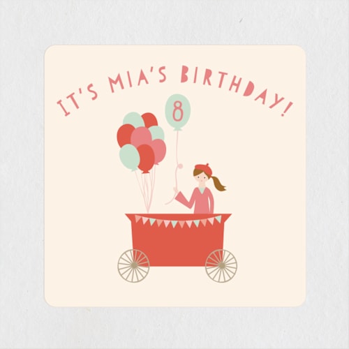 This is a peach custom stickers with standard by Angela Thompson called birthday balloon cart printing on uncoated sticker paper in sticker