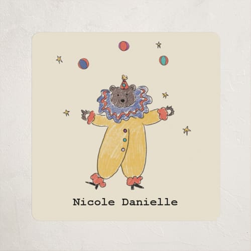 This is a crimson baby shower favor labels with standard by Noun New York called illustrated circus theme with juggling bear printing on uncoated sticker paper in sticker