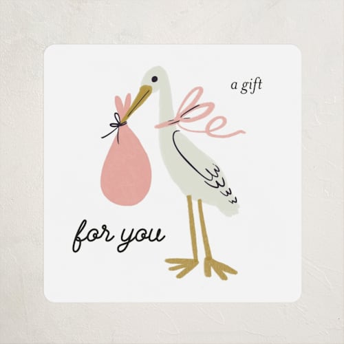This is a blush baby shower favor labels with standard by Ani Somi called little stork printing on uncoated sticker paper in sticker