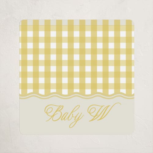 This is a lemonade baby shower favor labels with standard by Brianne Larsen called scalloped gingham printing on uncoated sticker paper in sticker