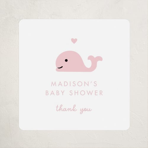 This is a baby pink baby shower favor labels with standard by mo kelley called baby whale on the way printing on uncoated sticker paper in sticker