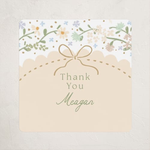 This is a vanilla baby shower favor labels with standard by Jennifer Wick called new blooms printing on uncoated sticker paper in sticker