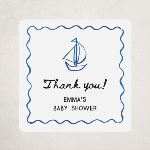 This is a denim baby shower favor labels with standard by Cass Loh called nautical doodles printing on uncoated sticker paper in sticker