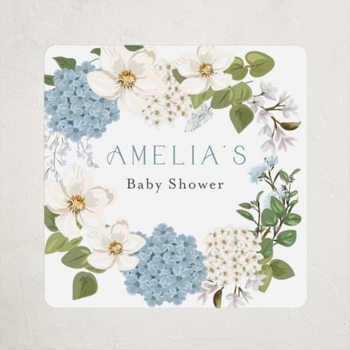 This is a periwinkle baby shower favor labels with standard by Susan Moyal called garden love printing on uncoated sticker paper in sticker