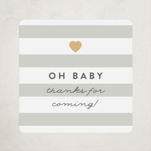This is a pebble baby shower favor labels with standard by Robert and Stella called mod baby printing on uncoated sticker paper in sticker