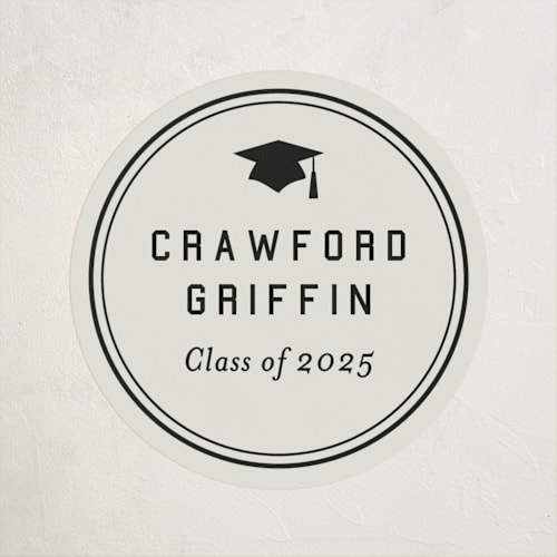 This is a taupe custom stickers with standard by Sarah Curry called grad ribbon printing on uncoated sticker paper in sticker