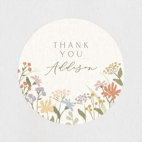 This is a vanilla baby shower favor labels with standard by Jennifer Wick called meadow flowers printing on uncoated sticker paper in sticker
