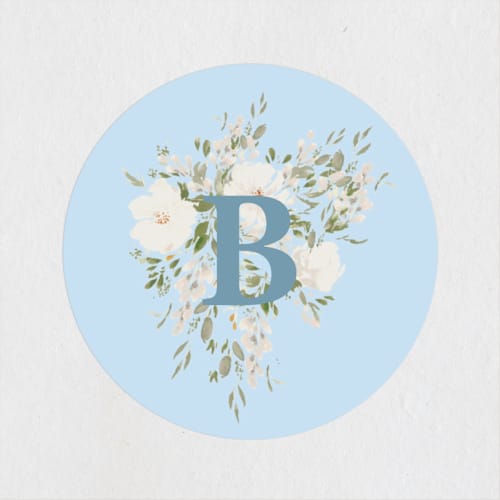 This is a baby blue baby shower favor labels with standard by Itsy Belle Studio called botanical blocks printing on uncoated sticker paper in sticker