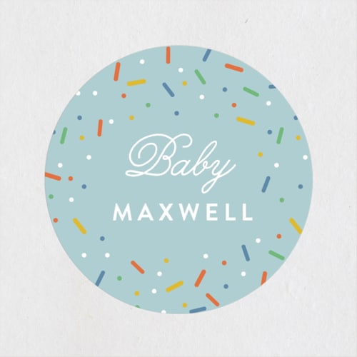 This is a sky baby shower favor labels with standard by Lauren Chism called scattered sprinkles printing on uncoated sticker paper in sticker