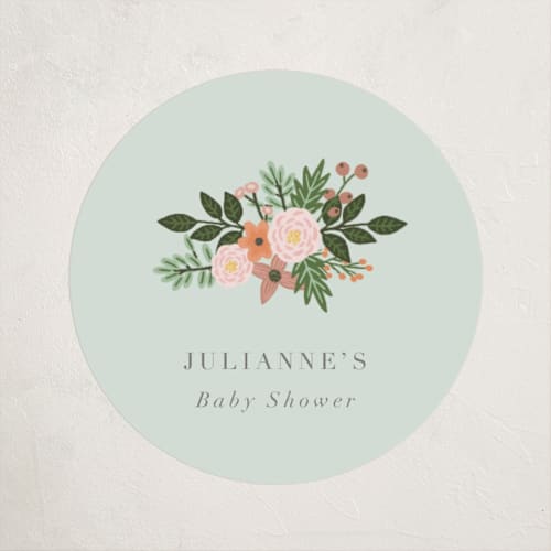 This is a mint baby shower favor labels with standard by Juliana Zimmermann called love and flowers printing on uncoated sticker paper in sticker