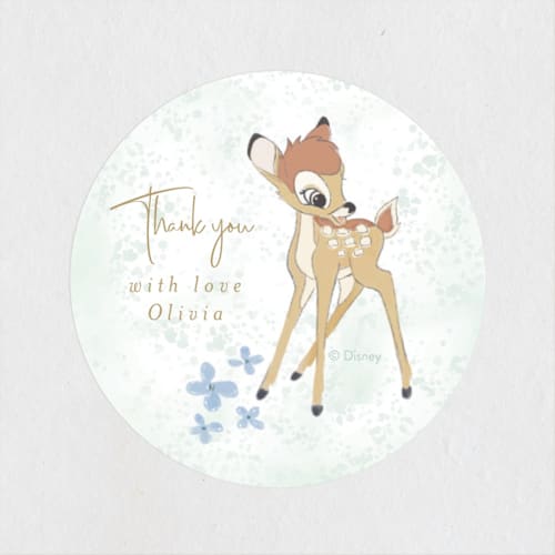 This is a forest baby shower favor labels with standard by frau brandt called disney's bambi forest printing on uncoated sticker paper in sticker