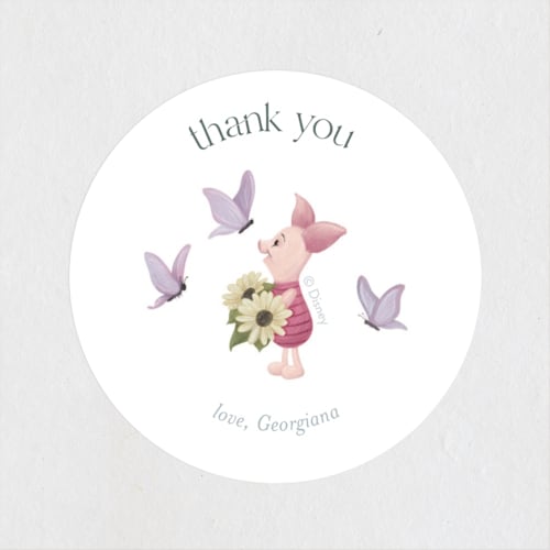 This is a spring baby shower favor labels with standard by Townsend Majors called disney's winnie the pooh in bloom printing on uncoated sticker paper in sticker