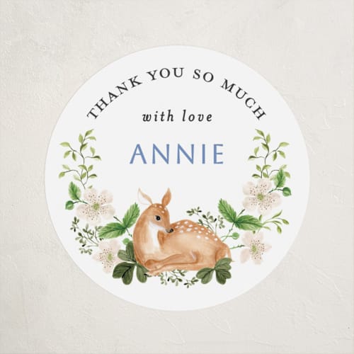 This is a elderflower baby shower favor labels with standard by Sarah Knight called spring woodland printing on uncoated sticker paper in sticker