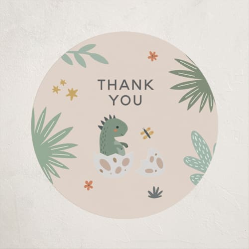 This is a tan baby shower favor labels with standard by Britt called baby dino printing on uncoated sticker paper in sticker