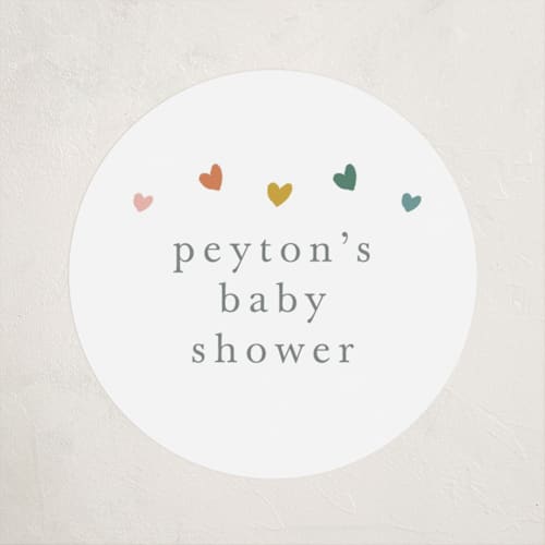 This is a hearts rainbow baby shower favor labels with standard by Stacey Meacham called tiny hearts printing on uncoated sticker paper in sticker